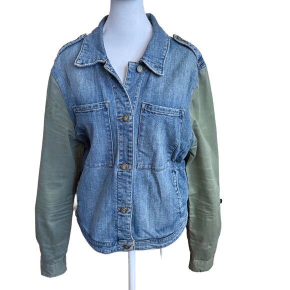 Pilcro Women's Medium Olive Green and Light Wash Blue Denim Jacket - Picture 1 of 5
